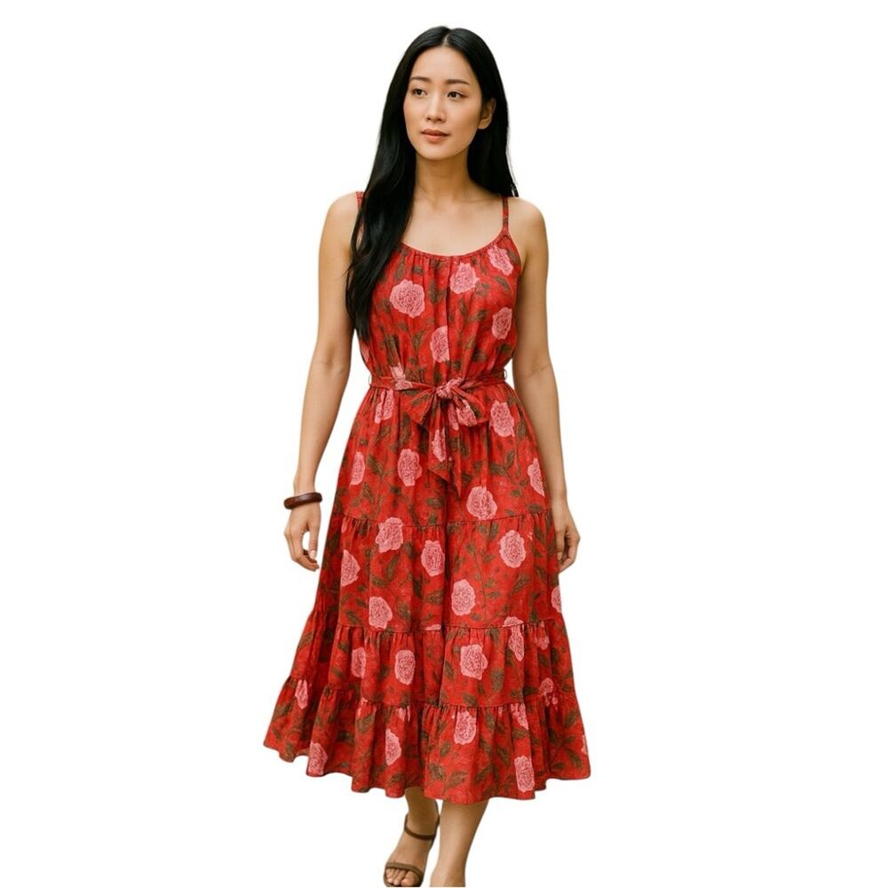 Rhode Lea Midi Dress Sleeveless Floral Print Flare 100% Cotton Red Green Pink XS